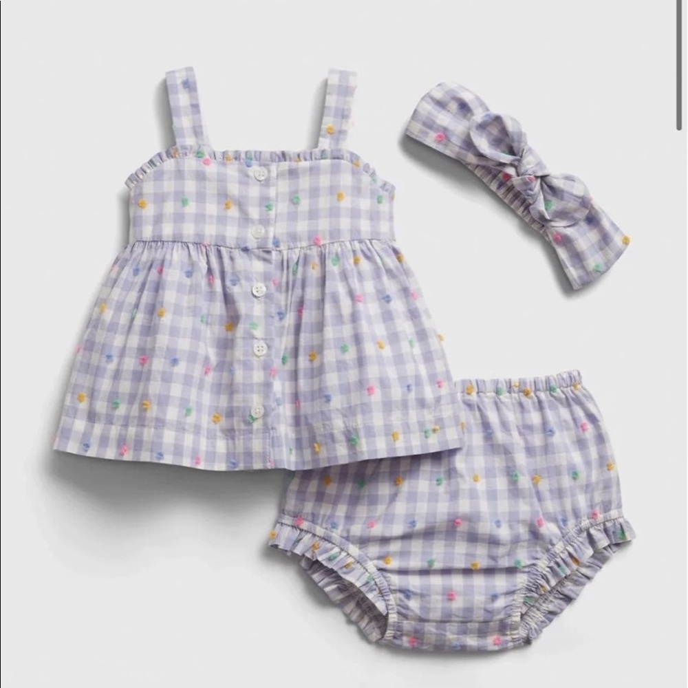 Gap , gingham plaid lavender top bloomer headband set, 12-18 months